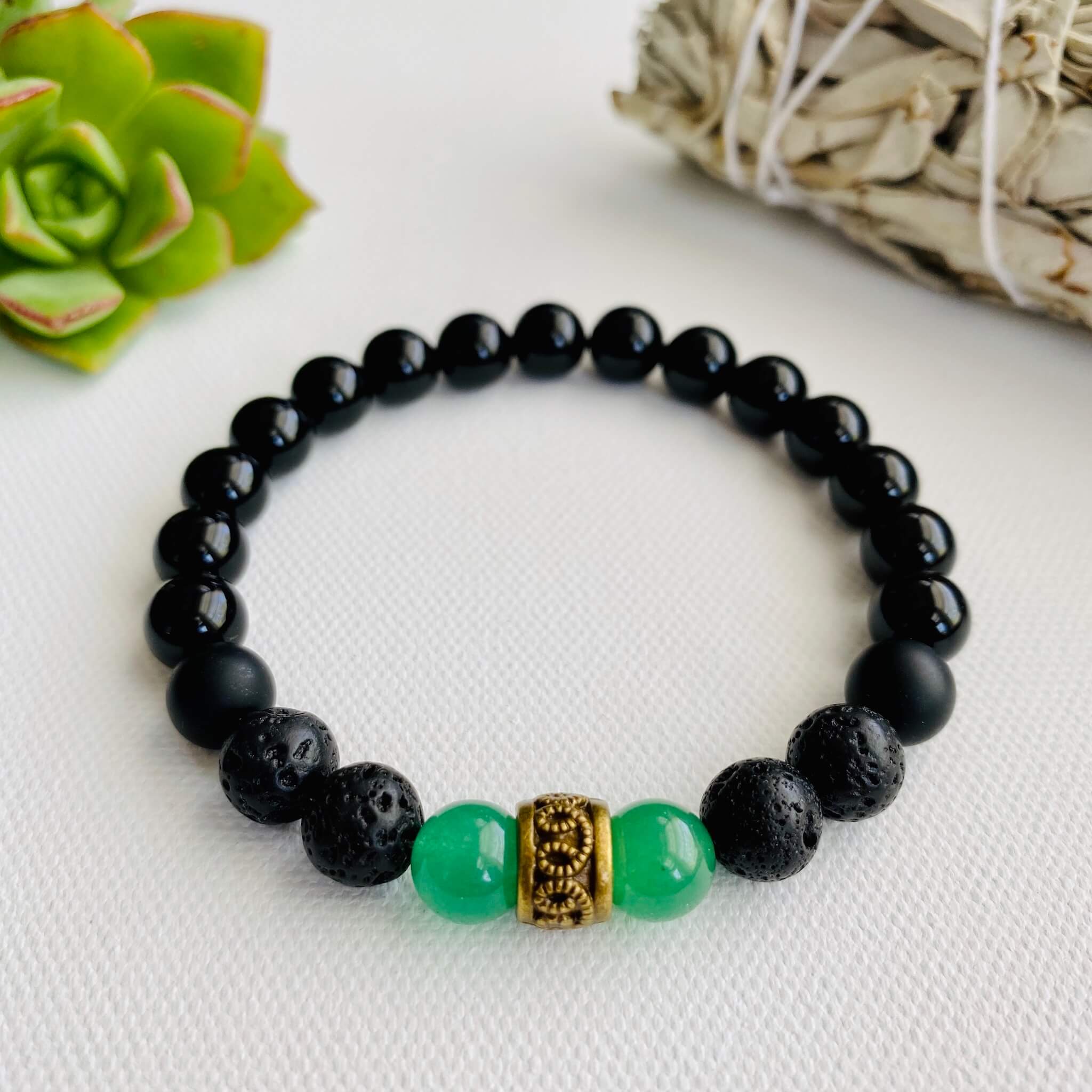 Buy Silver Stainless Steel with Green Tiger's Eye & Black Molten Lava Bead  Expandable 8mm Bracelet Online - Inox Jewelry India